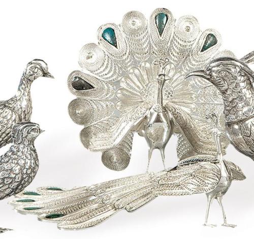  Pareja de pavos reales de filigrana de plata punzonada Ley 950, Méjico.