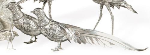  Pareja de faisanes de plata española punzonada 1ª Ley.
