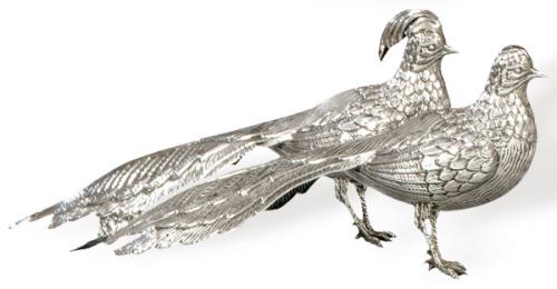 Pareja de faisanes de plata española punzonada 1ª Ley.