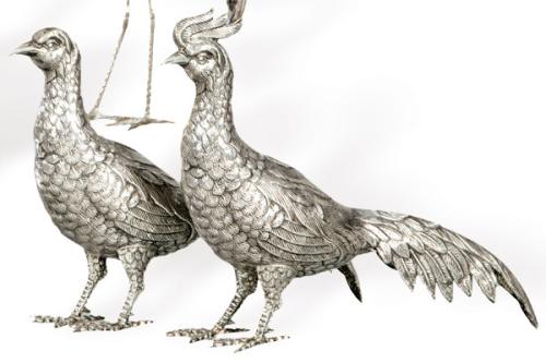 Pareja de faisanes de plata española punzonada 1ª Ley.