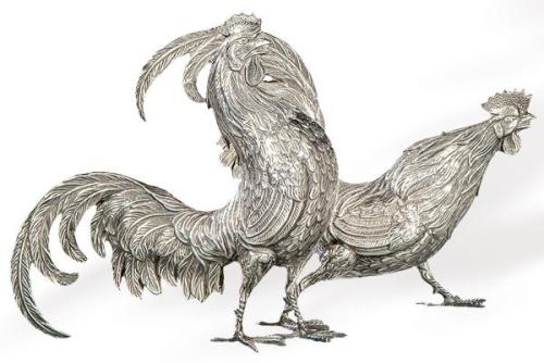  Pareja de gallos de plata española punzonada 1ª Ley de Pasgorcy.