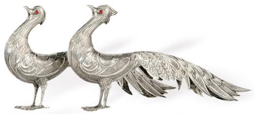 Pareja de faisanes de plata española punzonada 1ª Ley.
