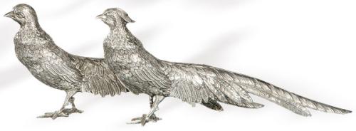  Pareja de faisanes de plata española punzonada 1ª Ley con marca comercial de José Amor.