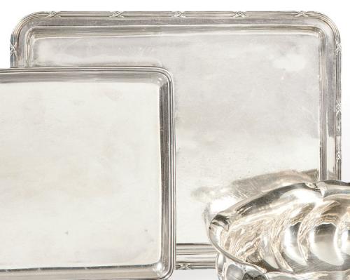  Bandeja rectangular de plata española punzonada 1ª Ley de Matilde Espuñes con marca comercial de La Onza de Oro.