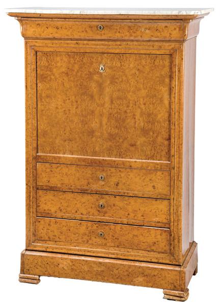 Secreter abattant Louis Philippe en raíz de nogal, con tapa de mármol blanco.