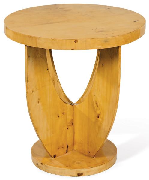  Mesa auxiliar art decó, con tapa redonda en madera de arce sobre pedestal recortado.