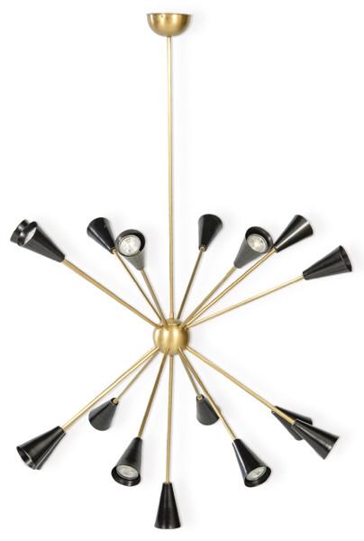  Lámpara de techo moderna "Spootnik", inspirada en las creaciones de los años 50 y 60, con estructura de metal dorado y 17 brazos de diferentes tamaños. S. XX