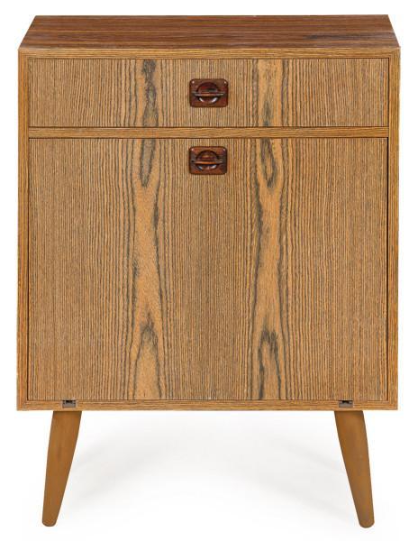  Mueble bar en madera de palisandro, con un cajón a la cintura y un cuerpo inferior de tapa abatible que revela un interior diáfano con espejo, sobre patas troncocónicas. Dinamarca, años 60