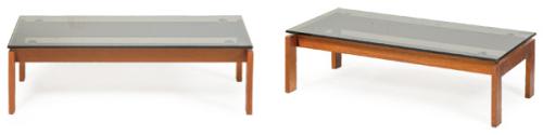  Pareja de mesas de centro rectangulares en madera de teca y superficie de cristal