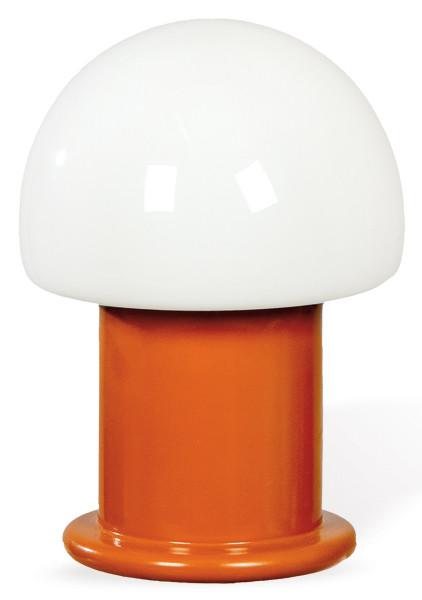 Lámpara de mesa siguiendo modelos holandeses, de cuerpo cilíndrico en metal lacado en teja y difusor de luz estilo hongo. Años 70