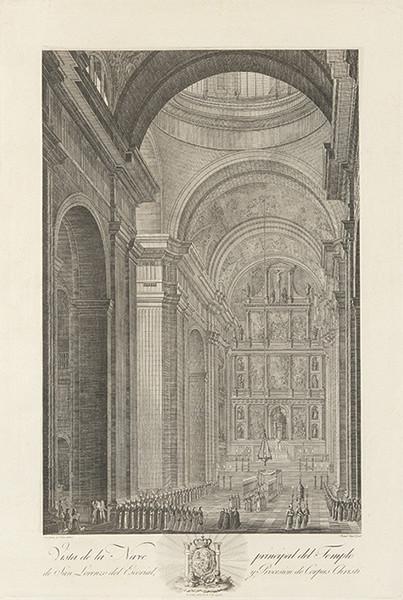 MANUEL ALEGRE - Vista de la nave principal del templo y procesión del Corpus Christi, Real Monasterio de San Lorenzo de El Escorial