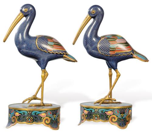  Pareja de Ibis en esmalte cloisonné, China primera mitad S. XX