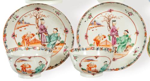 Juego de dos cuencos con sus platos en porcelana de Compañía de Indias, Familia Rosa, Dinastía Qing, época de Qianlong (1736-95).