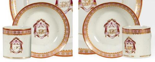  Dos tazas con sus platos de  porcelana de Compañía de Indias con esmaltes rosas, naranja y oro, Dinastía Qing época de Qianlomg (1736-95