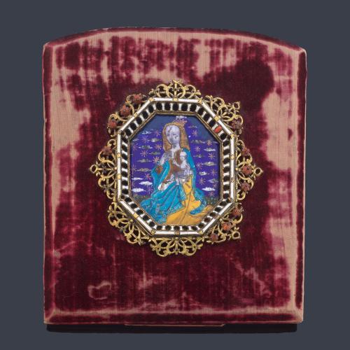 Miniatura-placa con la Imagen de La Virgen de La Humildad con el niño en brazos, pintada en esmalte sobre placa de metal. Finales S. XV.