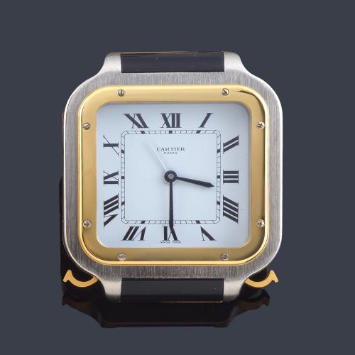 CARTIER Santos, reloj de viaje despertador con caja en acero y esmalte.