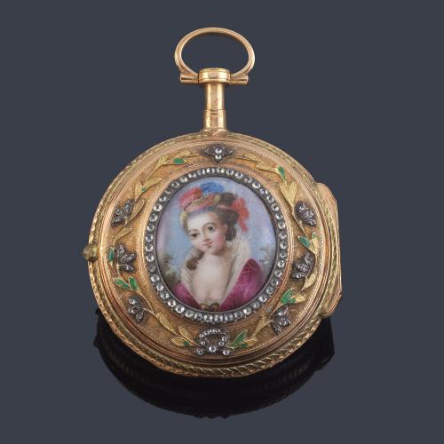  LEPINE movimiento nº 2722 , reloj catalina con caja en oro amarillo de 18 K, esmalte y diamantes.