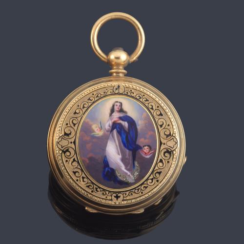 CH. H. GROSCHAUDE, reloj de colgar en oro amarillo de 18 K con esmalte.