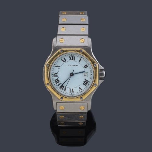 CARTIER Santos octogonal de caballero con caja y brazalete en acero y oro de 18 K. Con estuche y documentación.