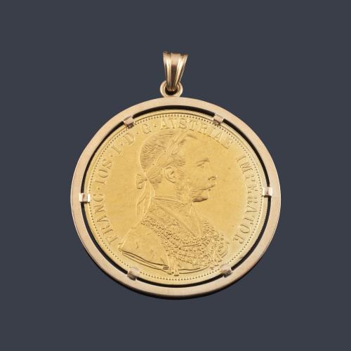 Colgante moneda Francisco José I, 4 ducados, Austria en oro de 22 K. Marco en oro amarillo de 18 K.