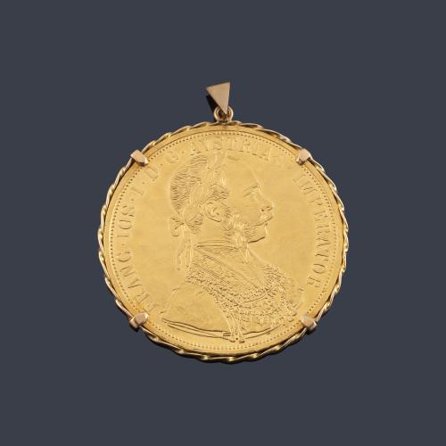 Colgante moneda Francisco José I, 4 ducados, Austria en oro de 22 K. Marco en oro amarillo de 18 K.