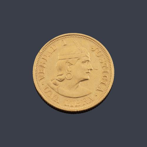 Moneda República Peruana, una libra 1901 en oro de 22 K.