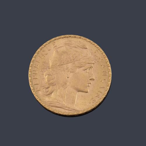 República Francesa 20 francos 1908 en oro de 22 K.