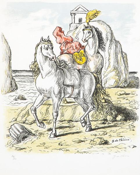 GIORGIO DE CHIRICO - Cavalli con Tempi sulla Spiaggia