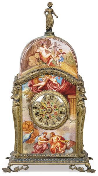  Reloj de sobremesa de plata sobredorada austriaca punzonada Ley 800 de SG y esmalte, Viena último tercio S. XIX.