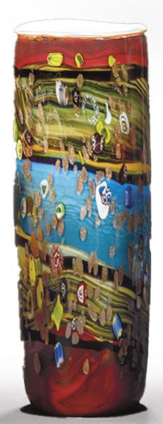  Jarrón de Murano cilíndrico en varios colores con inclusión de aventurina y decoración molti fiori.