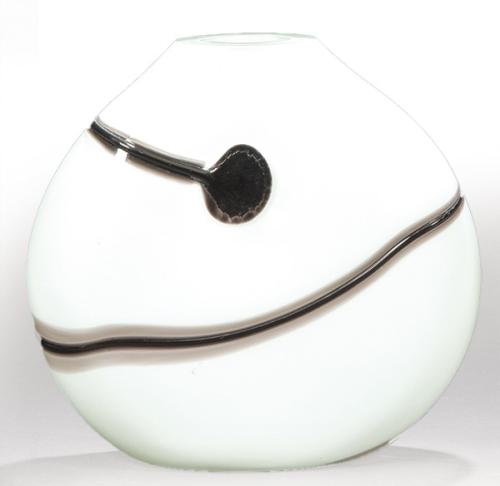  Jarrón de cristal de Murano plano en opalina y con hilo aplicado manganeso.