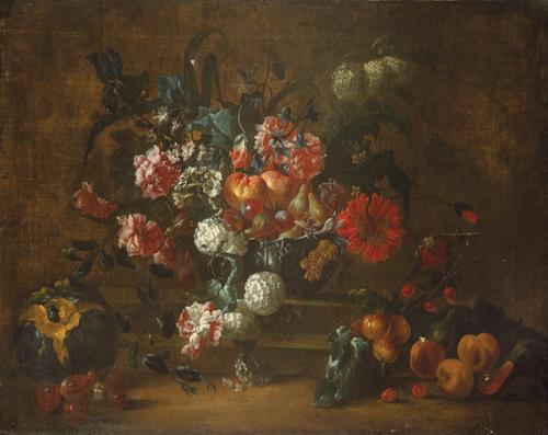 SEGUIDOR DE GIOVANNI BATTISTA RUOPPOLO S. XVII - Bodegón flores y futas