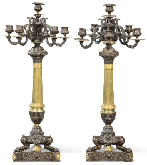  Pareja de candelabros Napoleon III de bronce dorado y patinado, Francia S. XIX.