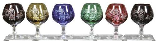  Seis copas de coñac de cristal de Bohemia tallado de distintos colores.