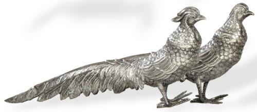  Pareja de faisanes de plata española punzonada 1ª Ley