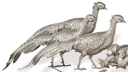  Juego de tres faisanes de plata española punzonada 1ª Ley de Cortabarría y Cia,