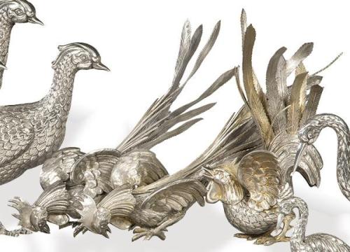  Tres gallos de pelea de plata española punzonada 1ª Ley de Dionisio García.