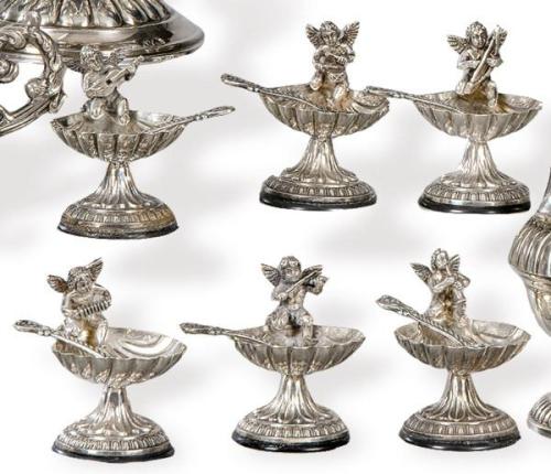  Juego de seis especieros de plata española punzonada 1ª Ley de Durán