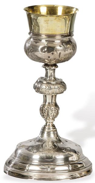  Cáliz de plata española punzonada con marca de orfebre ilegible, fiel contraste ByB, Barcelona ff. S. XIX pp. S. XX.