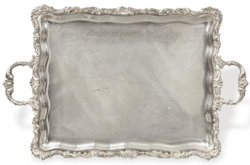  Bandeja rectangular de dos asas de plata española punzonada 1ª Ley de Durán