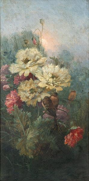 ALEJANDRO DE RIQUER I YNGLADA, CONDE DE CASA DÁVALOS - Gorriones en un paisaje con flores al atardecer