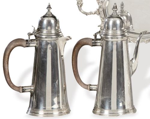  Juego de cafetera y tetera de plata inglesa punzonada Ley Sterling de LP, Londres 1972.