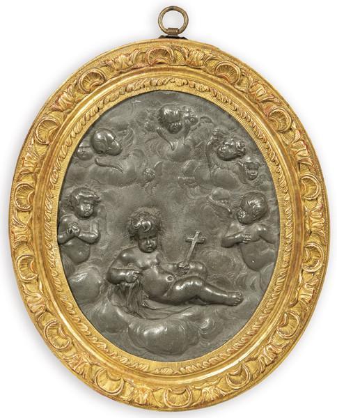  Placa de metal patinado con Niño Jesús de la Pasión, España S. XVIII.