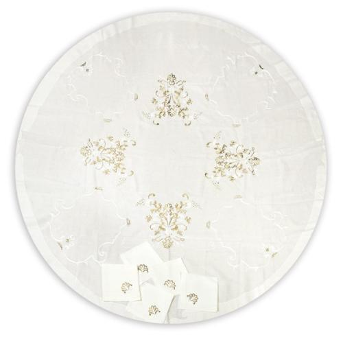  Mantel redondo y ocho servilletas en tela de Lino con decoración bordada en hilo de oro.