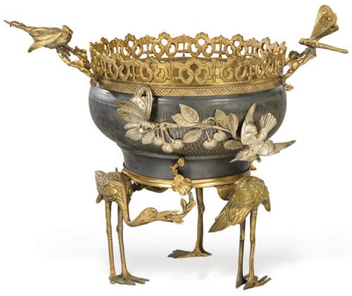 Macetero Art Nouveau de metal patinado y dorado