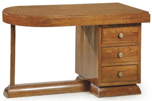  Mesa escritorio art decó en madera de roble, sobre pedestal con tres cajones en uno de los lados y al otro pata cilíndrica.