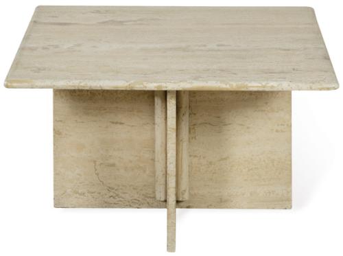  Mesa de centro de tapa cuadrada y base en mármol travertino.
