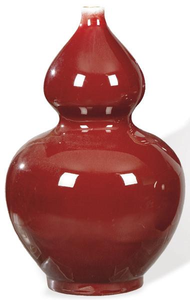  Jarrón doble calabaza de porcelana china con vidriado Sangre de Toro, S. XX.