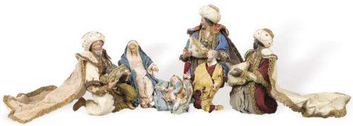  Misterio y tres Reyes Magos Napolitanos en barro y estopa con ricas vestiduras S. XX