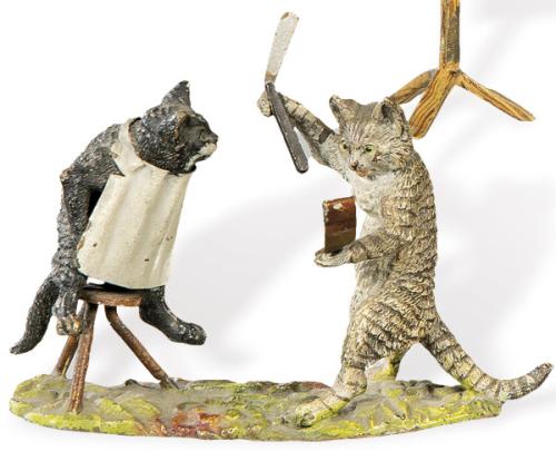 Gato Barbero y Cliente en bronce policromado, Viena h. 1900